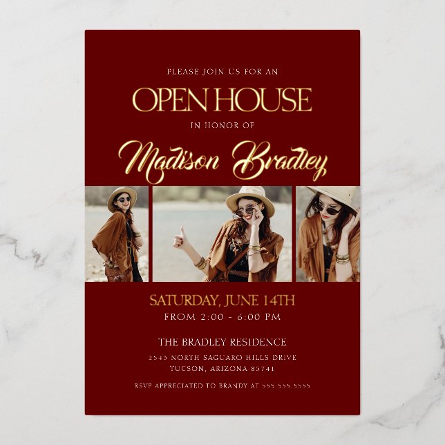 Elegante Invitación de graduación de Marón y Oro (Anverso)