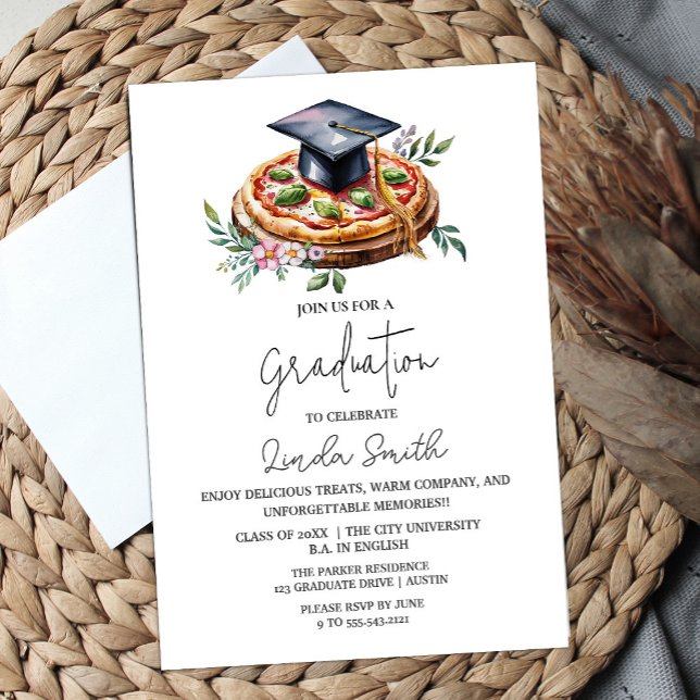 Elegante invitación de graduación de pizza floral (Elegant Floral Pizza Graduation Invitation #pizzaparty #zazzlemade #watercolorpizza #graduationparty)