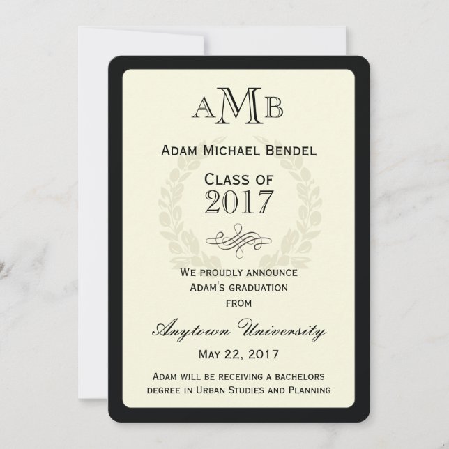 Elegante Invitación de graduación en monograma (Anverso)