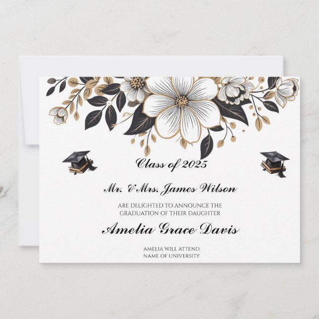 Elegante Invitación de graduación en negro y oro (Anverso)