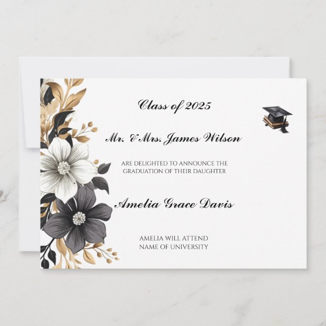Elegante Invitación de graduación en negro y oro (Anverso)