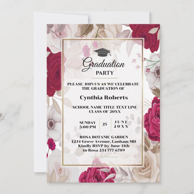 Elegante invitación de graduación floral (Anverso)
