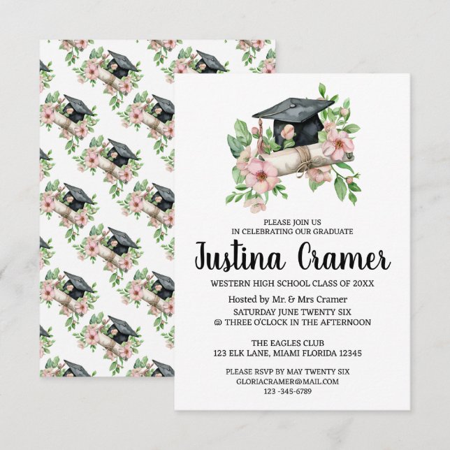 Elegante invitación de graduación floral (Anverso / Reverso)
