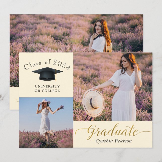 Elegante Invitación de graduación fotográfica Beig (Anverso / Reverso)