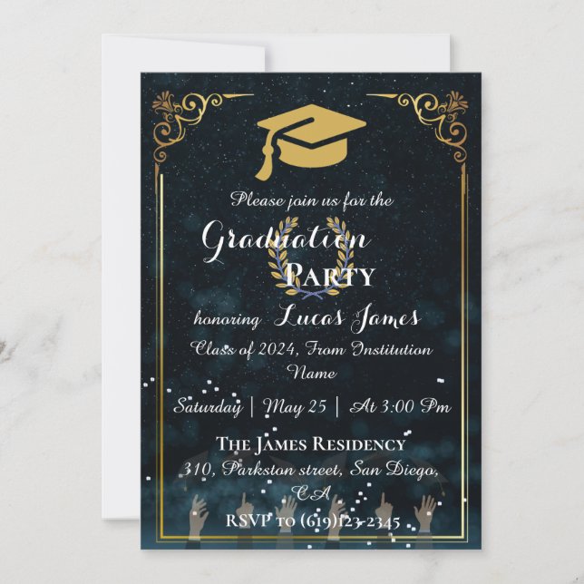 Elegante Invitación de graduación Medianoche Blue  (Anverso)