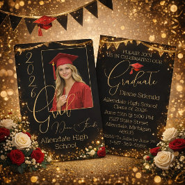 Elegante Invitación de Graduación Negro y Dorado