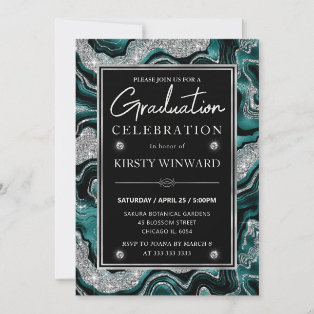Elegante Invitación de Graduación Teal & Glitter d (Anverso)