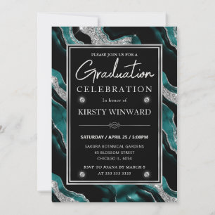 Elegante Invitación de Graduación Teal & Silver Gl