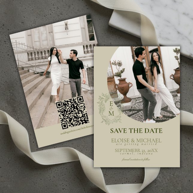 Elegante Invitación de Guardar la Fecha con Cresta (Elegant Sage Green Crest Monogram Save The Date Invitation)