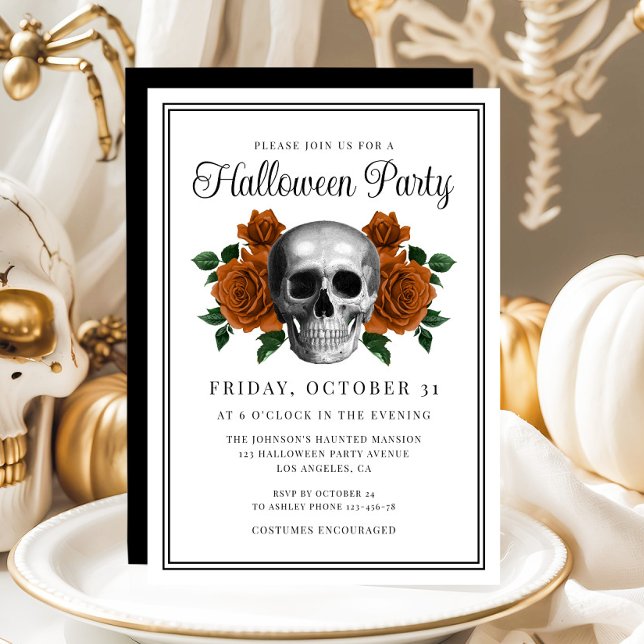 Elegante Invitación de Halloween con flores gótica (Elegant Gothic Floral Skull Halloween Invitation)