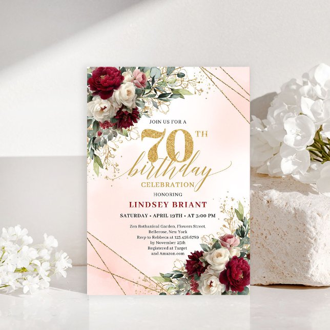Elegante Invitación de Hito Boho Floral Borgoña (Elegant Burgundy Floral Boho Milestone Invitation)