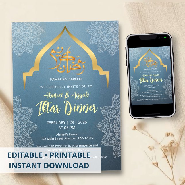 Elegante Invitación de Iftar Azul y Dorado (Subido por el creador)