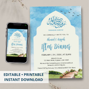 Elegante Invitación de Iftar con Acuarela Arco Jar