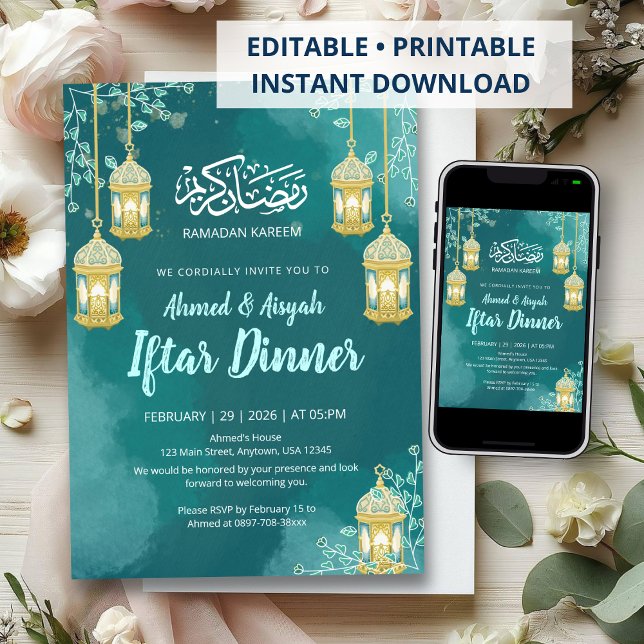 Elegante Invitación de Iftar con Acuarela Turquesa (Subido por el creador)