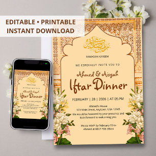 Elegante invitación de Iftar floral con arco islám