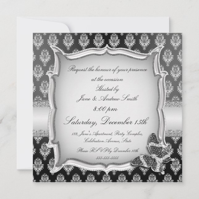 Elegante invitación de joyas de mariposas de plata (Anverso)