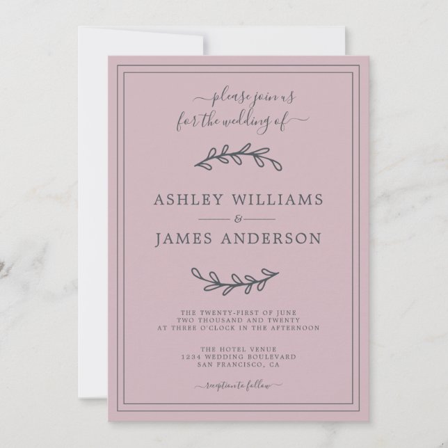 Elegante invitación de la Boda Púrpura Pastel (Anverso)