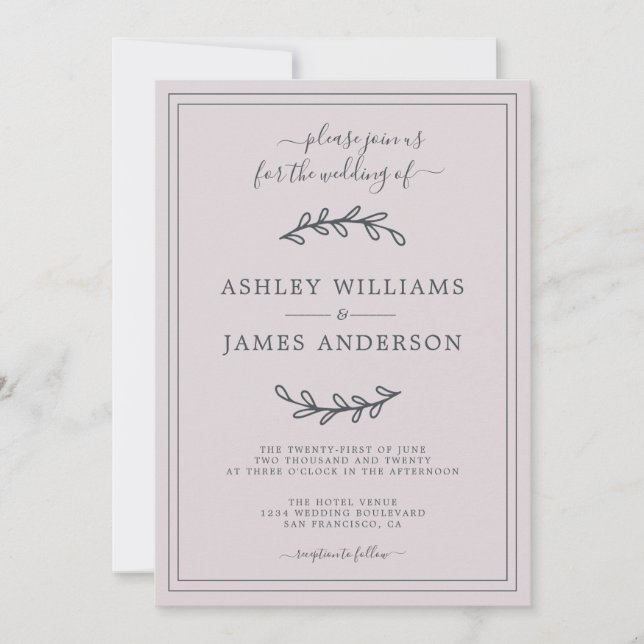 Elegante invitación de la Boda Púrpura Pastel (Anverso)