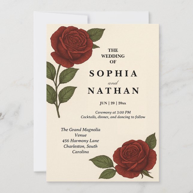Elegante Invitación de la Boda Rosa Roja Vintage (Anverso)