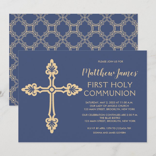 Elegante invitación de la primera comunión de oro  (Anverso / Reverso)