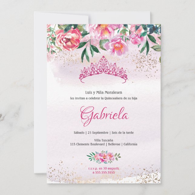 Elegante invitación de la princesa rosa Tiara Quin (Anverso)