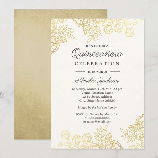 Elegante Invitación de la Quinceanera de la Flora  (Anverso / Reverso)