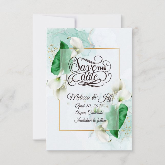 Elegante invitación de lirios de cala para guardar (Anverso)