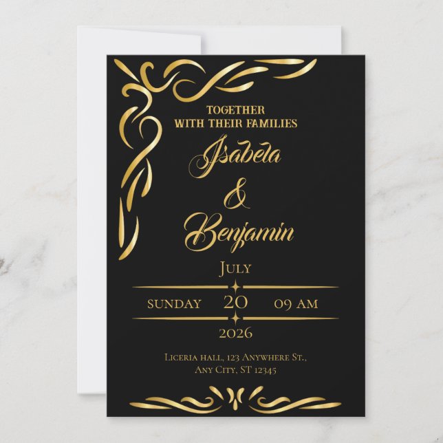 Elegante invitación de marco dorado | Ornam negro  (Anverso)