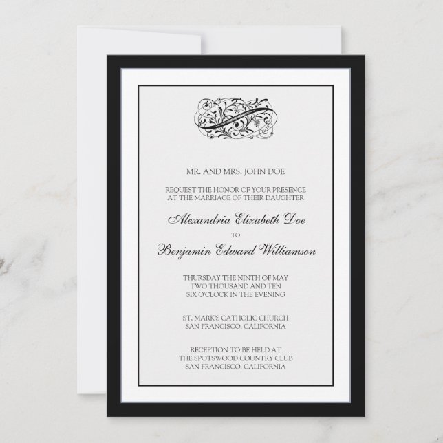 Elegante invitación de matrimonio blanco/negro las (Anverso)