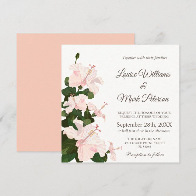 Elegante invitación de matrimonio con flor de Hibi (Anverso / Reverso)