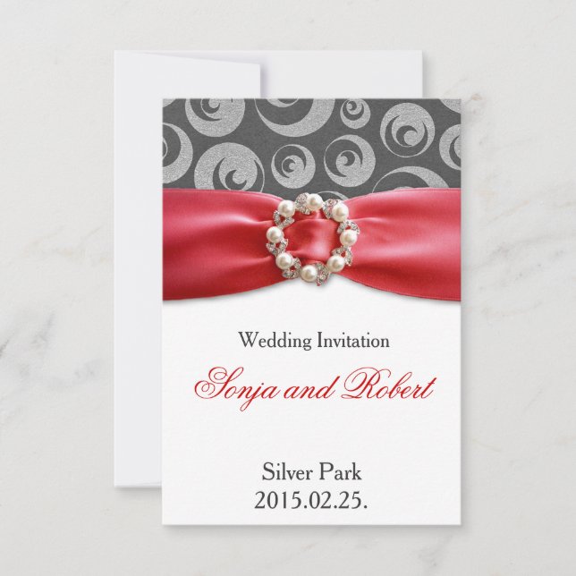 Elegante invitación de matrimonio de cinta roja gr (Anverso)