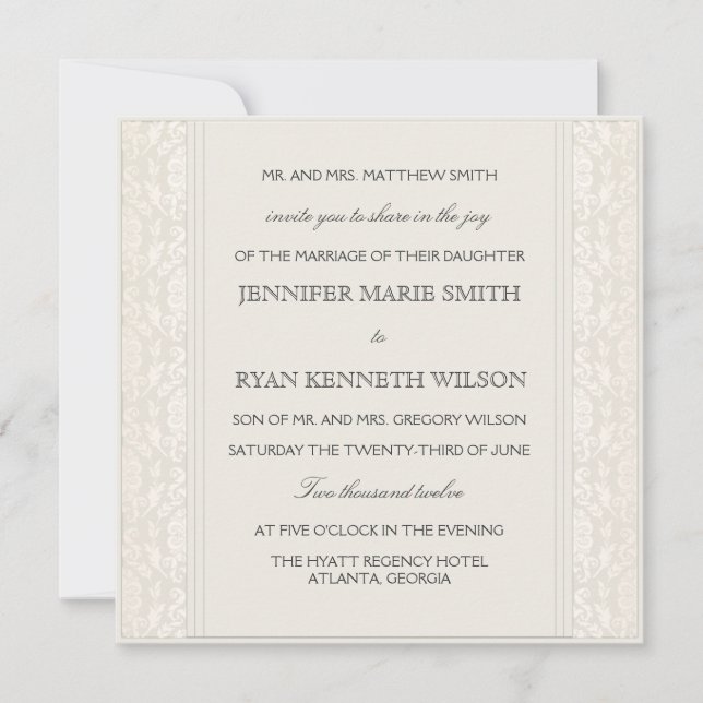 Elegante invitación de matrimonio de damasco crema (Anverso)