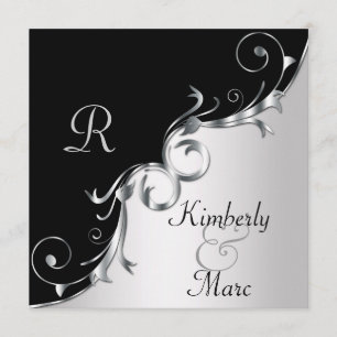 Elegante invitación de matrimonio en negro y plata