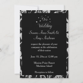 Elegante invitación de matrimonio gay negro y plat