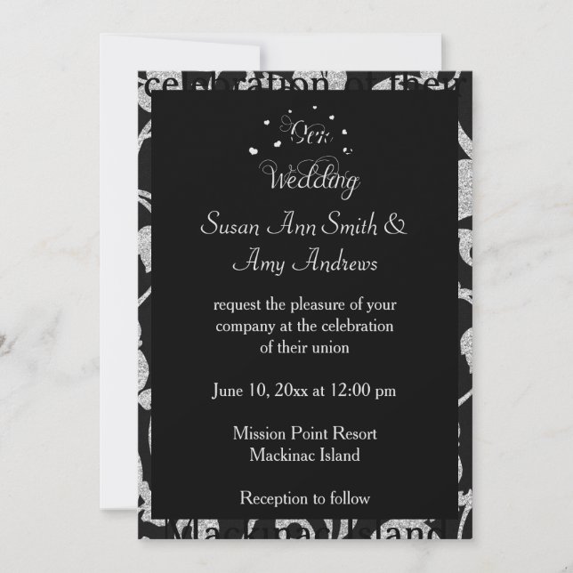 Elegante invitación de matrimonio gay negro y plat (Anverso)
