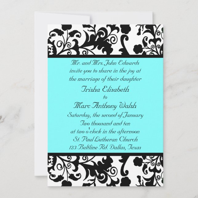 Elegante invitación de matrimonio negro, blanco y  (Anverso)