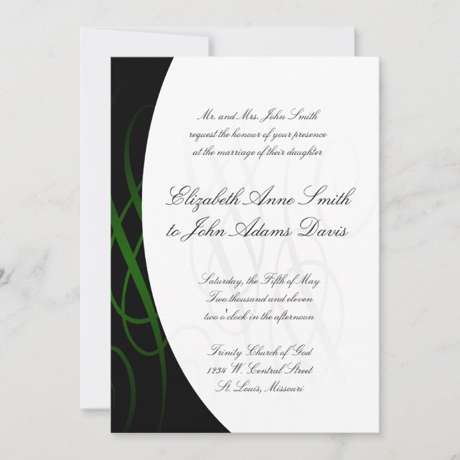 Elegante invitación de matrimonio negro y verde (Anverso)