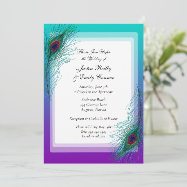 Elegante invitación de matrimonio para plumas de p (Anverso de pie)
