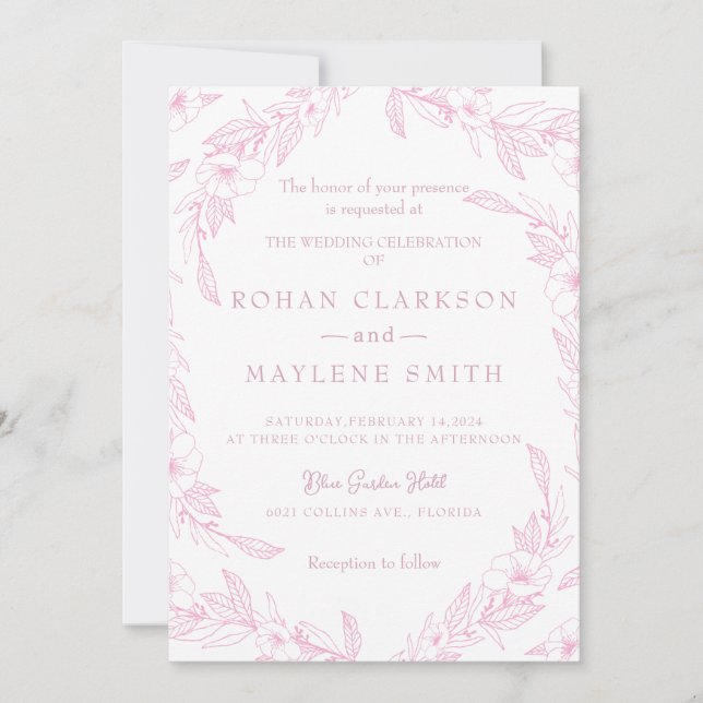 Elegante invitación de matrimonio rosa pálido flor (Anverso)