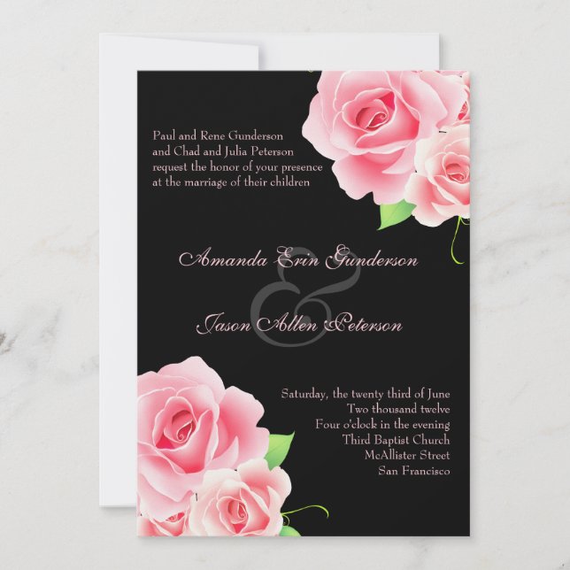 Elegante invitación de matrimonio rosa rosa [negro (Anverso)