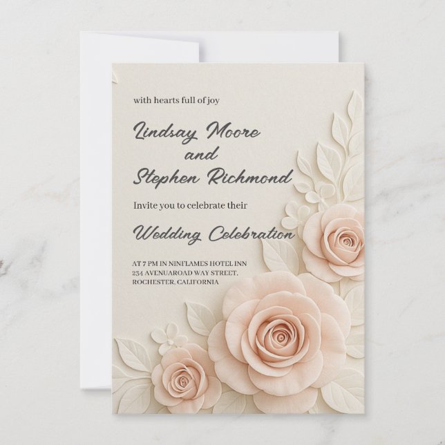Elegante invitación de matrimonio Rosa Rubor 3D Ro (Anverso)