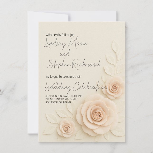 Elegante invitación de matrimonio Rosa Rubor 3D Ro (Anverso)