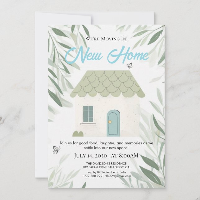 Elegante Invitación de Mudanza a Nuevo Hogar Botán (Anverso)