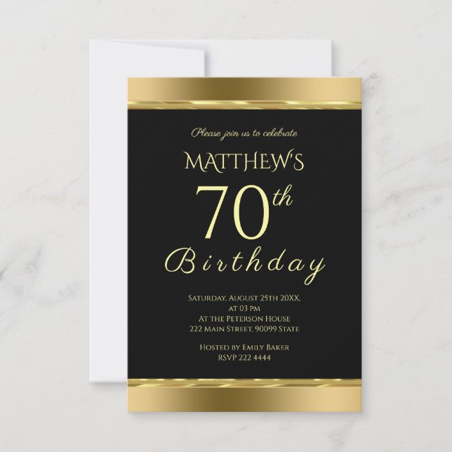 Elegante Invitación De Nacimiento En Negro Y Oro (Anverso)