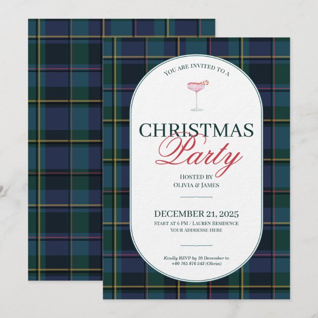 Elegante invitación de Navidad con cuadros escoces (Anverso / Reverso)