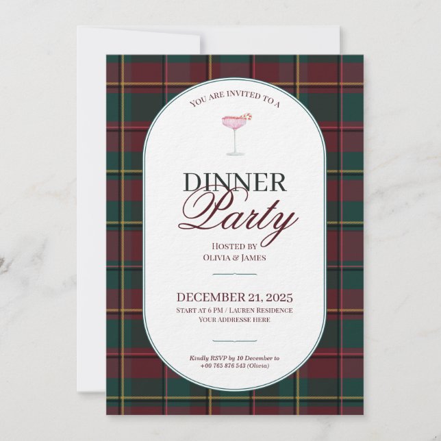 Elegante invitación de Navidad con cuadros escoces (Anverso)