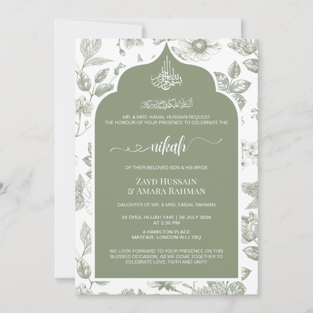 Elegante Invitación de Nikah Verde Salvia | Arte d (Anverso)