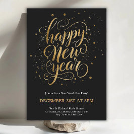 Elegante invitación de Nochevieja con letra dorada