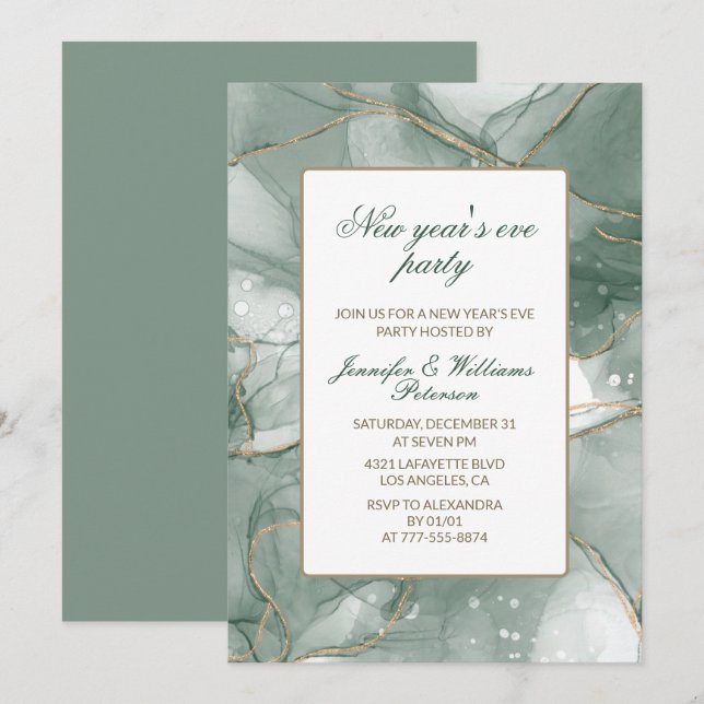 Elegante invitación de Nochevieja Verde Oro (Anverso / Reverso)