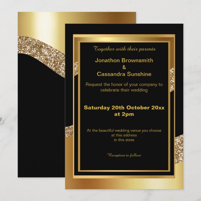ELEGANTE INVITACIÓN DE OLA DE PURPURINA DE ORO NEG (Anverso / Reverso)